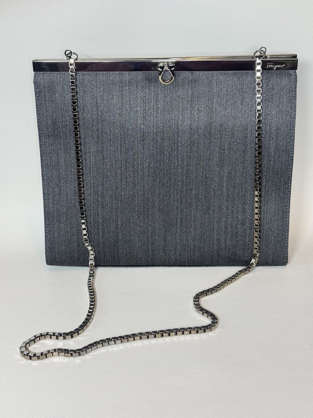 Salvatore Ferragamo Evening Bag Grey Flannel Gancini-Clasp Vintage Rare